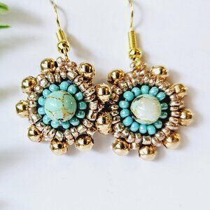 2/$27 | Turquoise + Gold Mini Shield Beaded Indigenous Hoop Earrings | Handmade